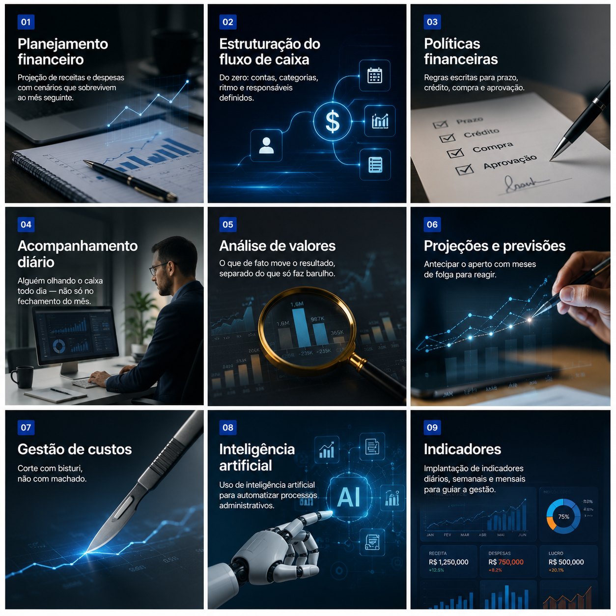 Mosaico com as nove frentes de consultoria, detalhadas na lista a seguir.