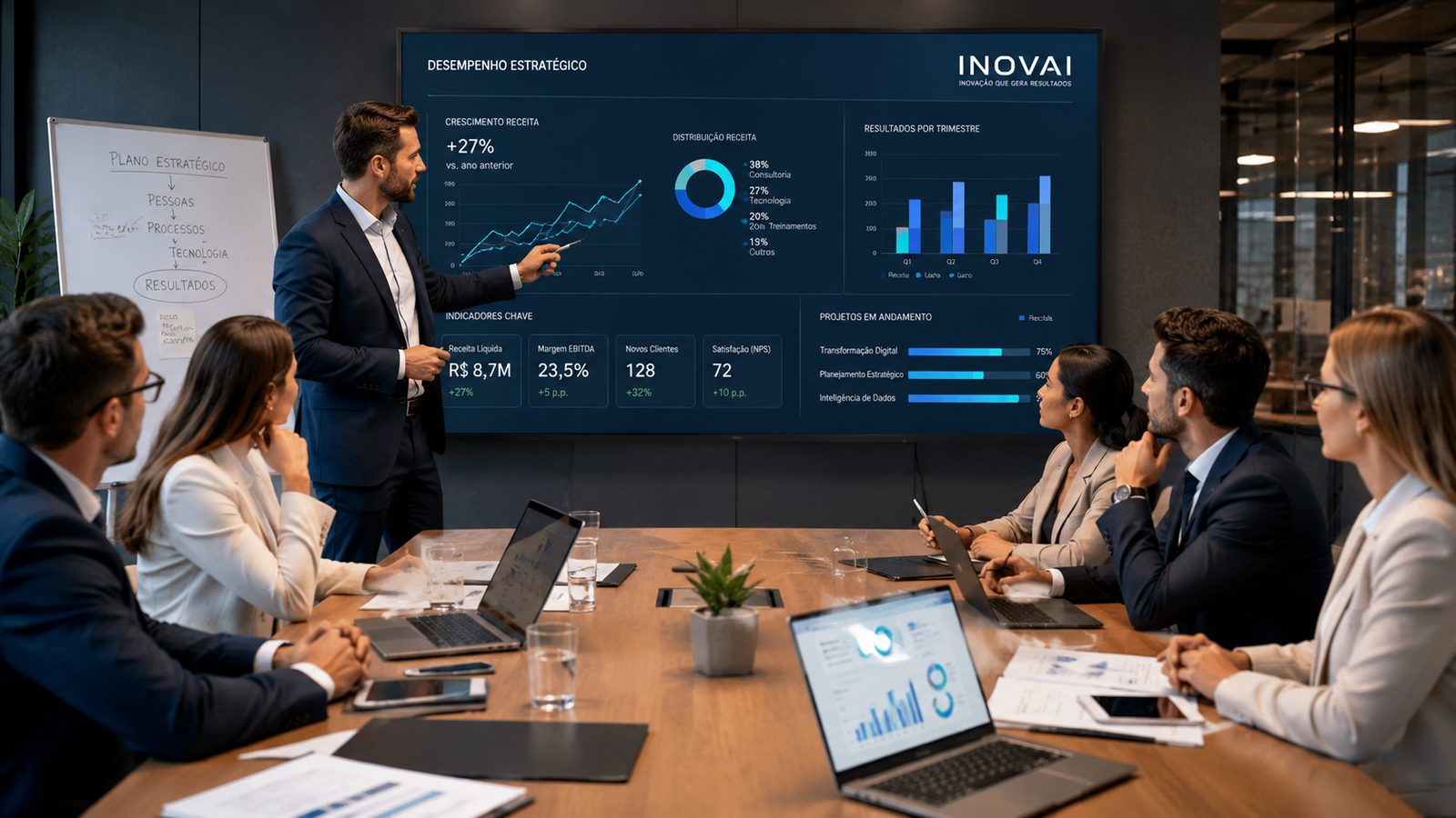 Reunião de apresentação de resultados com painel de indicadores da Inovai